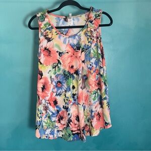 NWOT Acting Pro Coral and Blue Floral Ruffle-Shoulder Tank